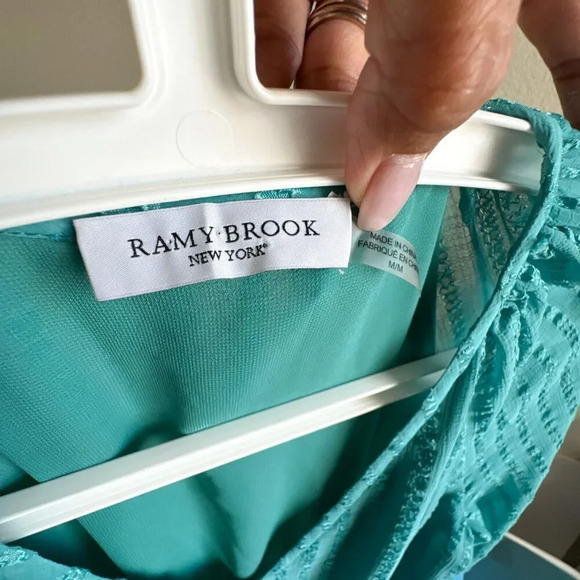 Ramy Brook Textured Mini Smocked Drop Waist Long Sleeve V-neck Dress Teal Size M - Picture 2 of 11